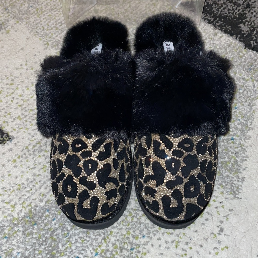 New Gianni Bini Comfiee Leopard Print Rhinestone Embellished Faux Fur Slippers
